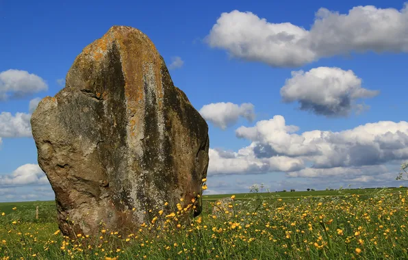 Picture field, the sky, clouds, Standing, Stones-Stone, boulder