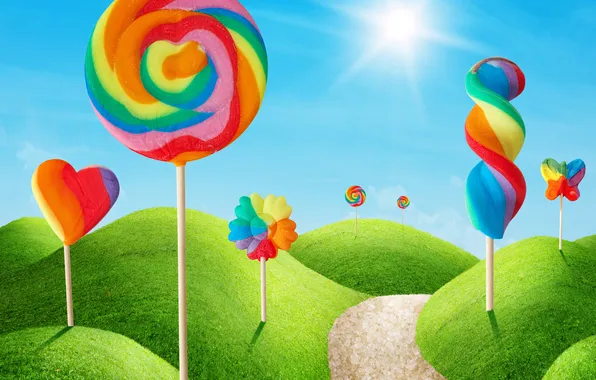 Picture the sky, grass, the sun, colorful, lollipops, sweet, candy, lollypop