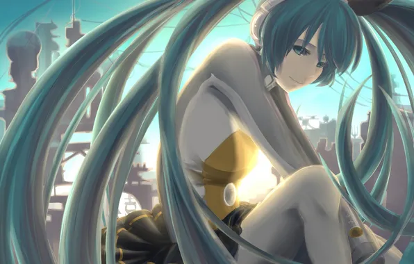 Picture girl, the sun, the city, hair, headphones, art, form, vocaloid