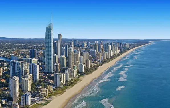 Beach, the city, the ocean, coast, skyscrapers, Australia, Brisbane