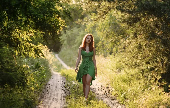 Road, forest, summer, look, girl, nature, pose, the situation