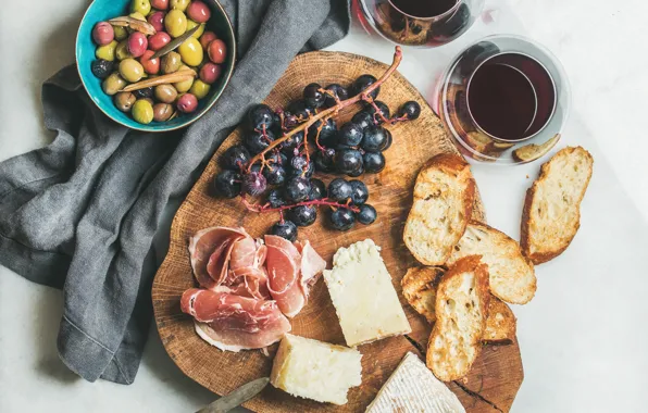 Picture cutting Board, wine, cheese, bread, food, appetizer, grapes, red
