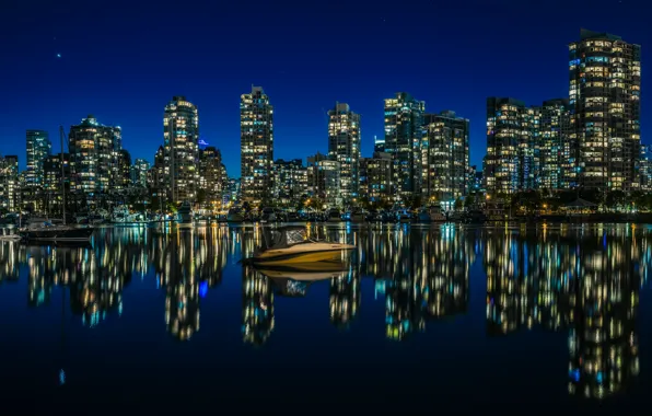 Water, night, the city, lights, reflection, river, shore, boat
