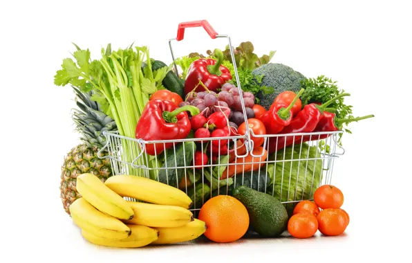 Basket, orange, grapes, bananas, white background, pepper, fruit, pineapple