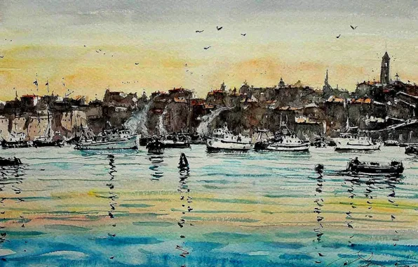 Picture sea, landscape, the city, boat, picture, watercolor, Maximilian DAmico