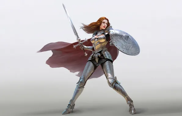 Picture girl, hair, armor, warrior, Sword, shield