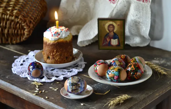 Candle, eggs, Easter, cake, icon