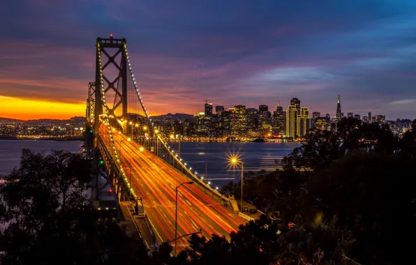 Picture road, water, night, bridge, the city, lights, Strait, building