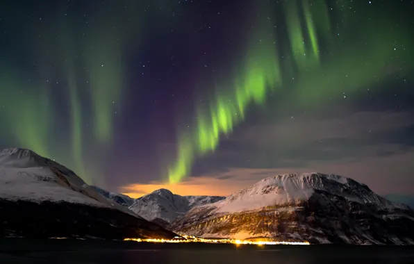 Picture the sky, stars, snow, mountains, night, lights, Northern lights