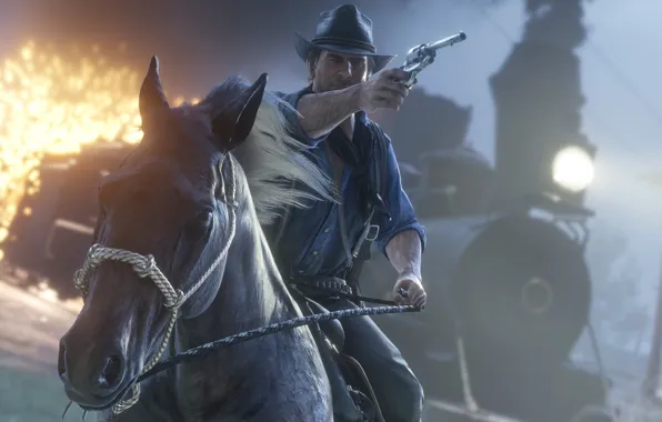 Horse, train, hat, revolver, Rockstar, Bandit, Red Dead Redemption 2, Arthur Morgan