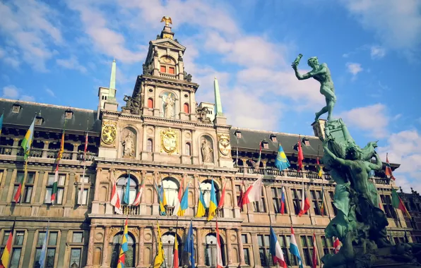 Palace, Statue, Flags, Belgium
