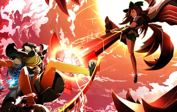 The sky, the sun, clouds, weapons, girls, wings, anime, art