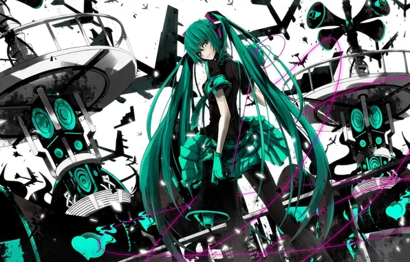 Girl, wire, art, the plane, vocaloid, hatsune miku, megaphone, koi wa sensou
