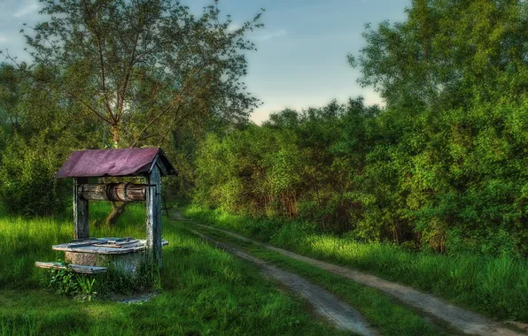 Road, summer, landscape, well