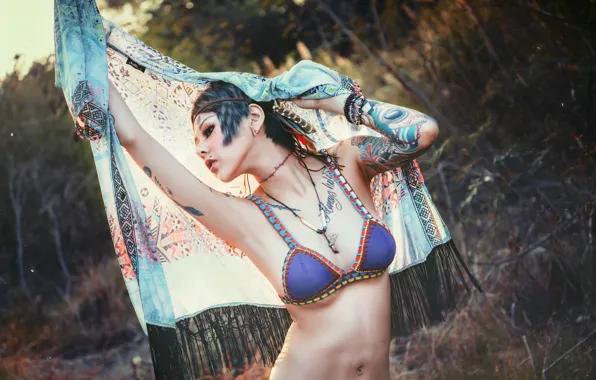 Girl, face, style, body, tattoo, shawl