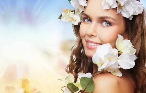 Picture look, girl, flowers, sprig, makeup, brown hair, wreath, manicure