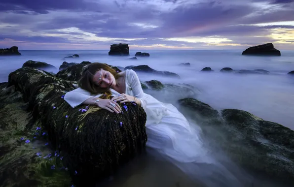 Sea, girl, rocks