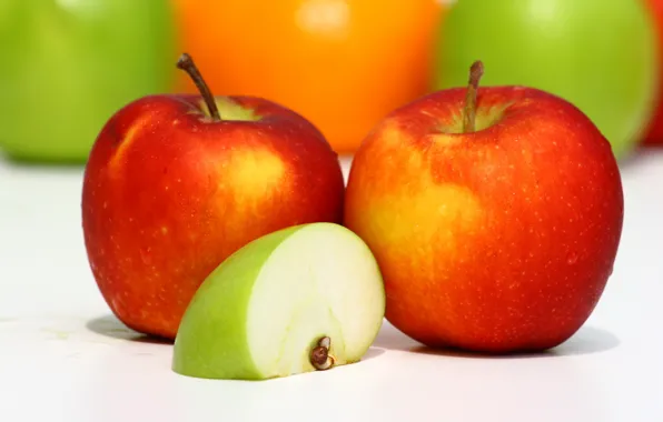 Macro, red, green, apples, food, food, slice, fruit