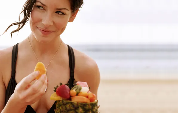 Evangeline Lilly, beach, fruit, strawberry, pineapple, melons, Art Streiber