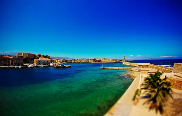 Lighthouse, Bay, yacht, Greece, fortress, tilt-shift, dobraatebe, Crete