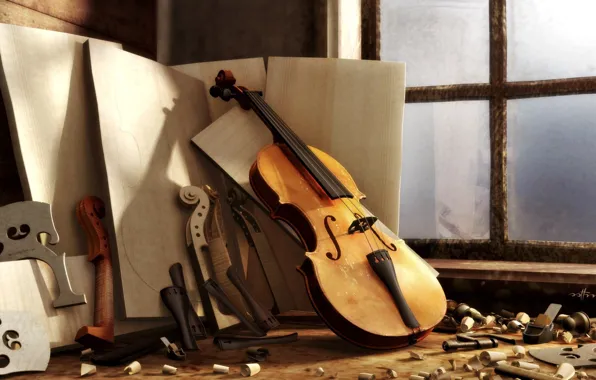 Picture violin, Workshop, window, wood, sawdust