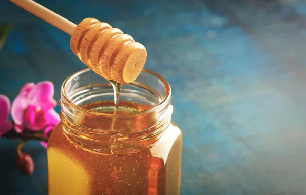 Glass, flowers, background, spoon, Bank, honey, jet