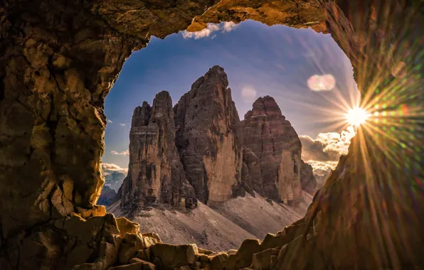 The sun, mountains, nature, window, arch