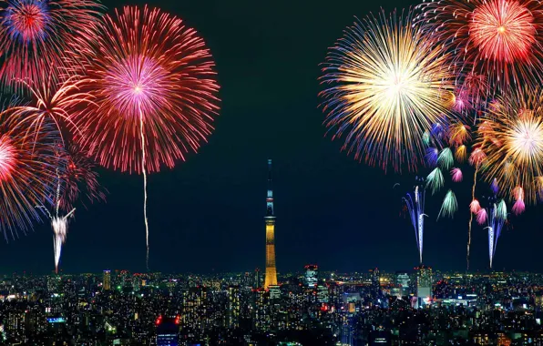 The city, salute, Tokyo, fireworks