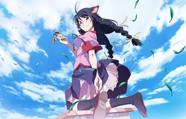 Sky, nothing, anime, cat, brunette, leaf, manga, skirt