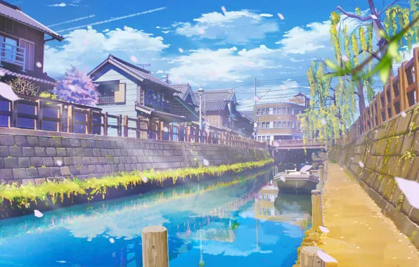 Street, home, boat, channel, temple
