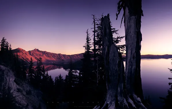 Trees, sunset, mountains, lake