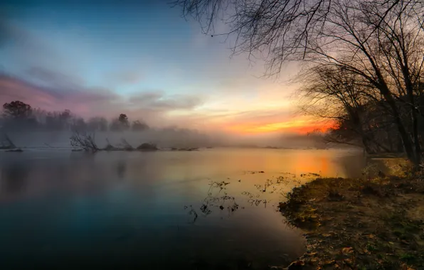Sunset, fog, river