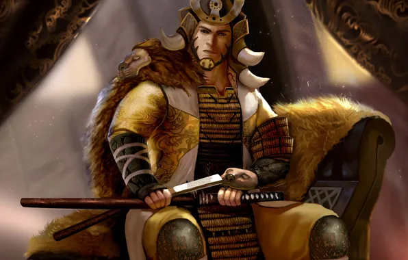 Picture look, face, sword, samurai, male, sitting, Akodo Kumai