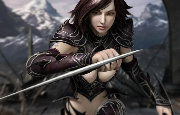 Picture girl, mountains, weapons, swords, rappelz