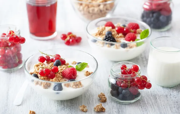 Picture raspberry, Breakfast, milk, blueberries, juice, currants, cereal