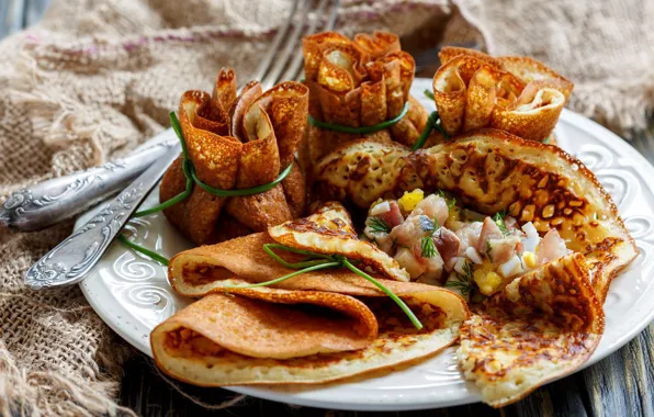 Food, meat, pancakes, burlap, bacon, fork, filling, pancakes