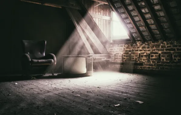 Light, chair, TV, attic