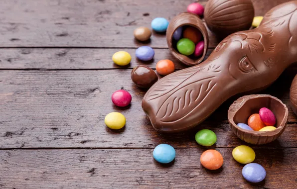 Picture chocolate, eggs, colorful, rabbit, candy, Easter, wood, chocolate