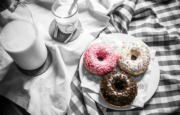 Food, milk, donuts, cakes, sweet, glaze, Gregory Krysmalsk