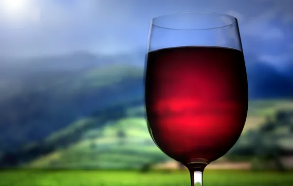 Wine, red, hills, glass, drink