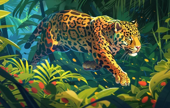 Leaves, Jump, Jaguar, Predator, Jungle, Digital art, Big cat, AI art