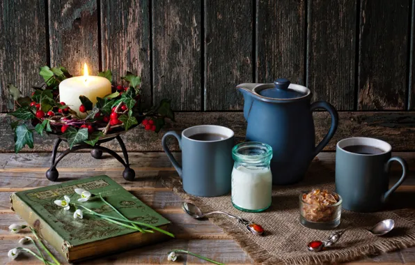 Flowers, coffee, candle, snowdrops, book, mugs, still life, wreath