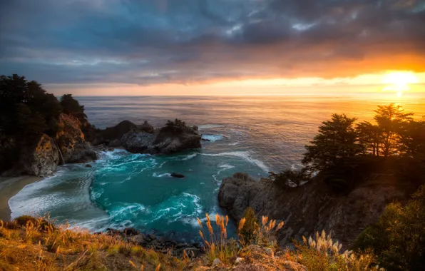 Picture sea, beach, the sky, the sun, clouds, light, trees, sunset