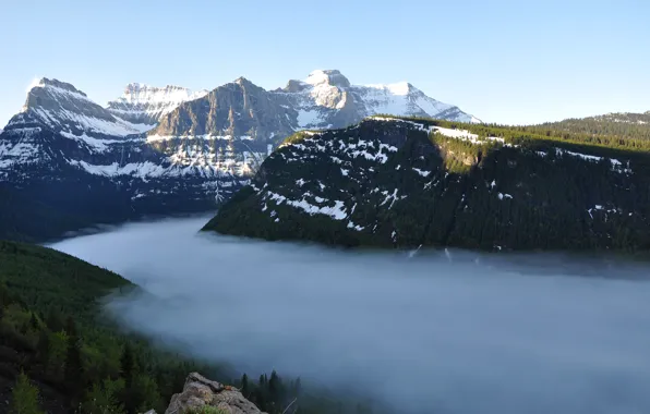 Picture the sky, snow, trees, mountains, fog, lake