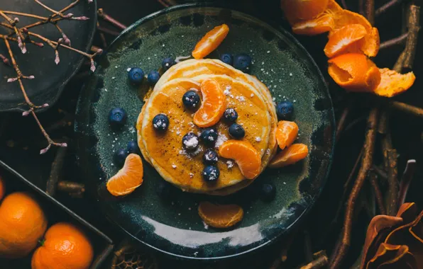 Berries, plate, fruit, honey, blueberries, tangerines, pancakes, pancake
