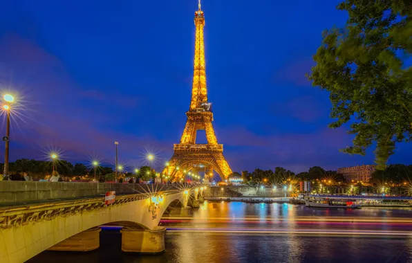 Bridge, river, France, Paris, lights, Eiffel tower, Paris, night city