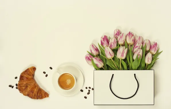 Flowers, coffee, Handbag, tulips, Croissant