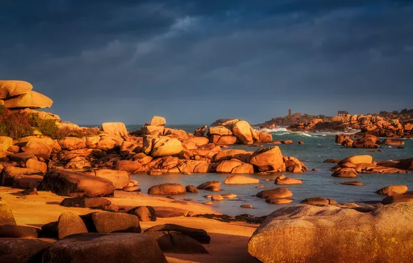 Light, stones, shore, pond, boulders