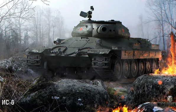 Picture forest, fog, fire, sparks, tank, heavy, Soviet, World of Tanks