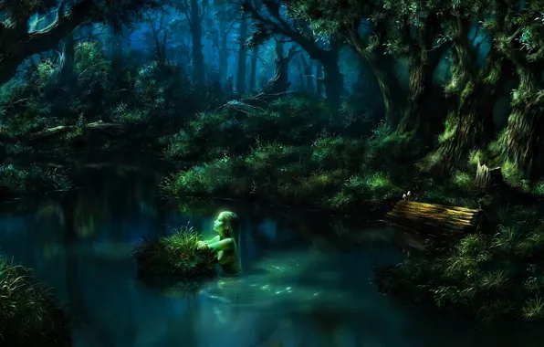 Forest, water, girl, lake, pond, fantasy, art, log